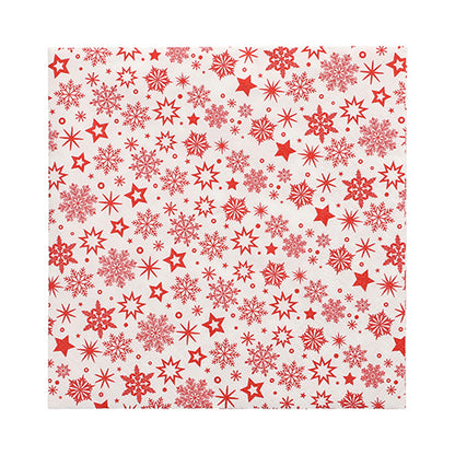 The 30 napkins from PAPSTAR GmbH are white, 3-ply paper napkins (33 x 33 cm, 1/4-fold), decorated with evenly distributed red snowflakes and stars in various sizes.
