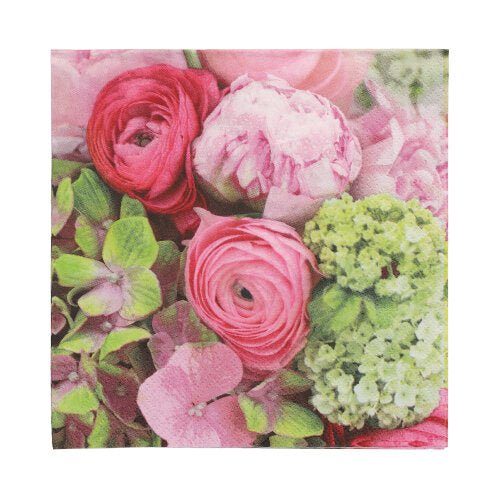 Close-up of a floral arrangement with pink and green roses and hydrangeas against a white background with PAPSTAR GmbH 20 napkins, 33 cm x 33 cm, 3-ply, design set 2.