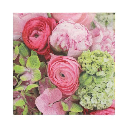 Close-up of a floral arrangement with pink and green roses and hydrangeas against a white background with PAPSTAR GmbH 20 napkins, 33 cm x 33 cm, 3-ply, design set 2.