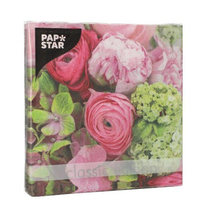 A pack of PAPSTAR 20 napkins, 33 x 33 cm, 3-ply, 1/4 fold from PAPSTAR GmbH with a floral design in pink and green with roses and hydrangeas. The packaging is partially transparent with the "classic edition" label visible.