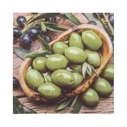 A wooden bowl with green olives sits on a wooden surface with scattered black olives and leaves, placed on PAPSTAR 20 napkins, 33x33 cm, 3-ply, design set 2 from PAPSTAR GmbH.