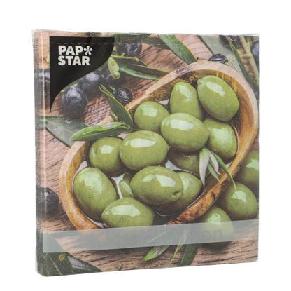 The PAPSTAR 20 napkins, 33 x 33 cm, 3-ply (Set 2) by PAPSTAR GmbH feature a photo of green olives in a wooden bowl with olive branches, berries, and leaves; the brand "PAPSTAR" is depicted in the top left corner.
