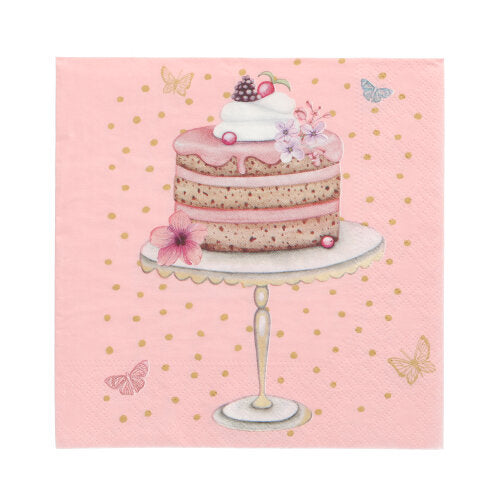 A 3-layer cake with pink icing, whipped cream, berries, and flowers on a stand, against a pink background with golden dots and butterflies - ideal for PAPSTAR GmbH 20 napkins 33 cm x 33 cm 3-ply Design Set 1.