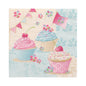 Illustration of three cupcakes with pink and blue frosting, cherries on top, flowers, pennants, and a pink flag against a pastel background with PAPSTAR 20 napkins 33x33 cm 3-ply Design Set 6 by PAPSTAR GmbH as elegant accents.
