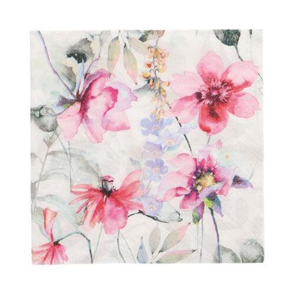 The PAPSTAR 20 napkins, 33x33 cm, 3-ply from PAPSTAR GmbH feature a floral watercolor design with pink and purple blooms and green leaves on a white background.