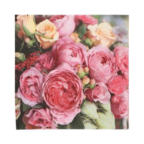 Close-up of PAPSTAR 20 napkins, 33x33 cm, 3-ply by PAPSTAR GmbH, with floral print in pink and peach tones with roses and ranunculus with green leaves; made from soft, high-quality material.