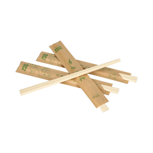 Four pairs of PAPSTAR chopsticks wood "pure" (21 cm), by PAPSTAR GmbH: two pairs individually wrapped in foil, and two pairs crossed on a white background.