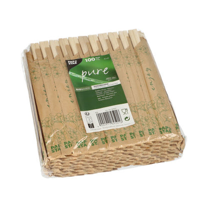 A 100-pack of PAPSTAR chopsticks wood "pure", each 21 cm and individually wrapped in foil, by PAPSTAR GmbH shows eco-friendly symbols on green and white packaging.