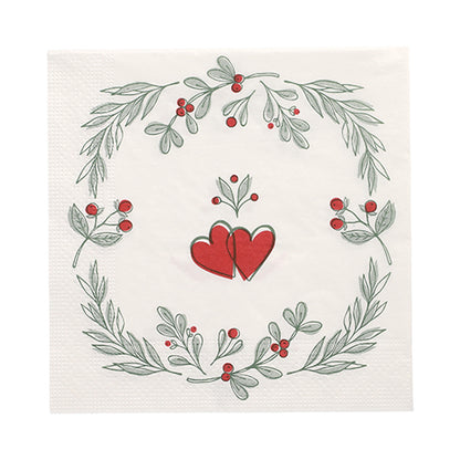 PAPSTAR GmbH 20 napkins, 33x33 cm, 3-ply, Set 6: festive white napkins with two red hearts in the center, surrounded by green leaves and red berries - ideal for special occasions.