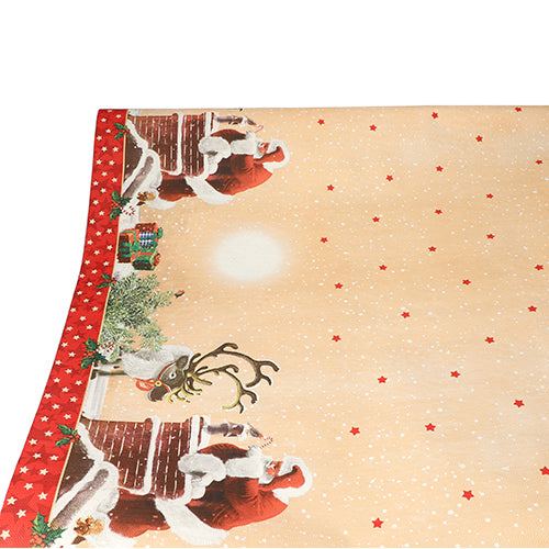The tablecloth (paper, 3 m x 1.2 m) from PAPSTAR GmbH features a Christmas design with Santa Claus, reindeer, chimneys on the border, and a beige background with red stars and snowfall – perfect for an elegant festive decoration.