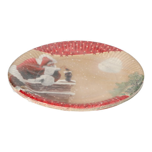The 10 plates, round cardboard Ø 23 cm from PAPSTAR GmbH shows Santa Claus on a snowy roof with his gift sack, a red-and-white border, and a festive background – ideal for parties and events.