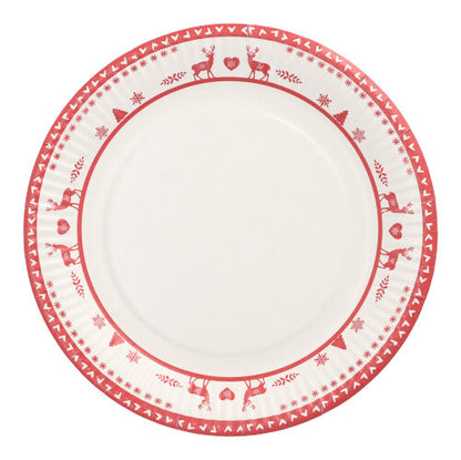 The 10-piece plate set from PAPSTAR GmbH consists of round white paper plates (Ø 23 cm) with a red rim, decorated with reindeer, hearts, and geometric patterns. Ideal disposable plates for parties and events; the plate center is plain.