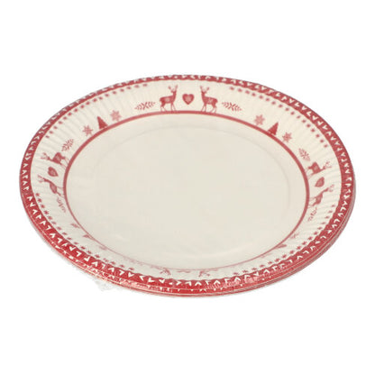 The PAPSTAR 10 plates, paper round Ø 23 cm from PAPSTAR GmbH have a cream-colored center and a red rim with reindeer, hearts, and trees - ideal for parties and events.
