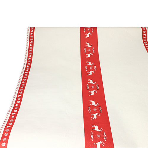 The paper tablecloth from PAPSTAR GmbH (3 m x 1.2 m) features a white design with two vertical red stripes and white silhouettes of reindeer, hearts, and stars – perfect for a simple yet festive table decoration.