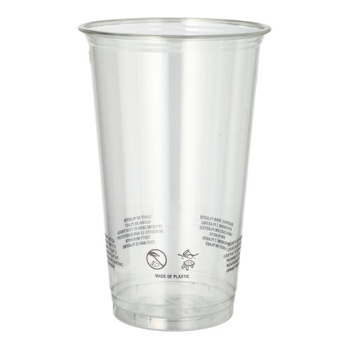 The Starpak 50 R-PET clear drinking cup from Starpak is a clear, conical cup with printed text near the bottom, ideal for environmentally friendly serving of drinks and depicted on a white background.