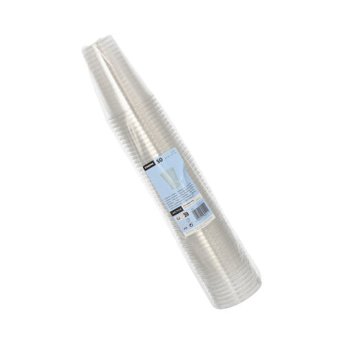 A stack of Starpak 50 R-PET clear drinking cups in clear foil with a blue-white label – environmentally friendly, transparent, and perfect for any occasion.