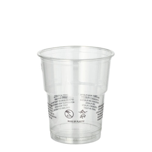 The Starpak 50 R-PET clear drinking cup from Starpak is a crystal clear, eco-friendly cup with printed symbols and texts on the side, depicted against a plain white background.