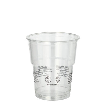 The Starpak 50 R-PET clear drinking cup from Starpak is a crystal clear, eco-friendly cup with printed symbols and texts on the side, depicted against a plain white background.