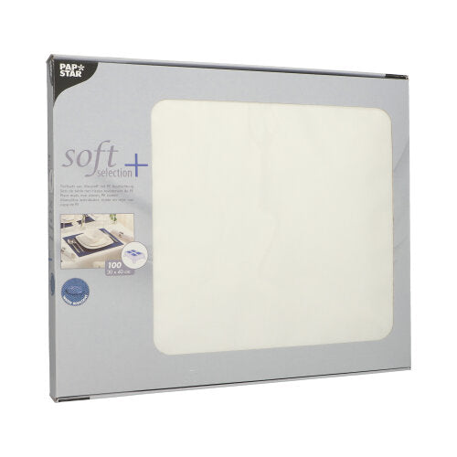 A box PAPSTAR of 100 table mats, fabric-like fleece "soft selection plus" (30 x 40 cm) from PAPSTAR GmbH contains 100 table mats, visible through a transparent window, with product details on the left side of the packaging.