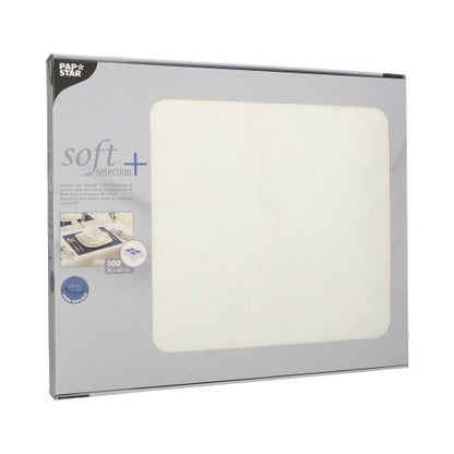 A box PAPSTAR of 100 table mats, fabric-like fleece "soft selection plus" (30 x 40 cm) from PAPSTAR GmbH contains 100 table mats, visible through a transparent window, with product details on the left side of the packaging.