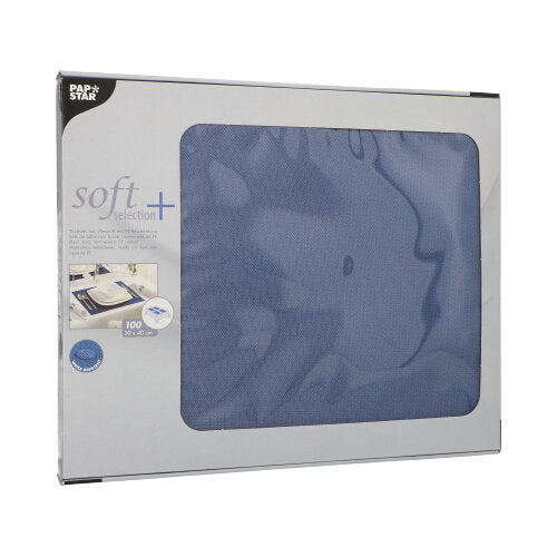 A box of 100 table mats from PAPSTAR GmbH, fabric-like fleece "soft selection plus" (30 x 40 cm), is delivered in a package with a transparent window showing product brands and information.