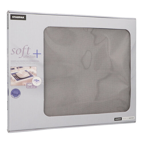 A box PAPSTAR of 100 table mats "soft selection plus" from PAPSTAR GmbH contains fabric-like fleece napkins in the format 30 x 40 cm – ideal as a table mat. The gray packaging features a transparent viewing window through which the contents are visible.