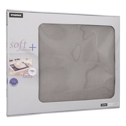 A box PAPSTAR of 100 table mats "soft selection plus" from PAPSTAR GmbH contains fabric-like fleece napkins in the format 30 x 40 cm – ideal as a table mat. The gray packaging features a transparent viewing window through which the contents are visible.