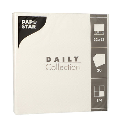 A pack of PAPSTAR 20 napkins "DAILY Collection" 1/4-fold, 32 x 32 cm, white from PAPSTAR GmbH – ideal for table decoration. The front of the packaging shows size and fold details.