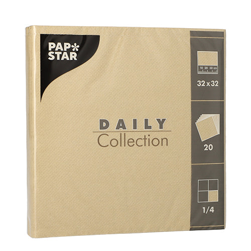 A beige pack with 20 napkins from PAPSTAR GmbH “DAILY Collection” in 1/4-fold, 32x32 cm – perfect for a stylish table decoration. Product details are clearly printed on the packaging.