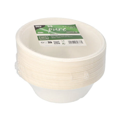 A stack of 25 PAPSTAR sugarcane bowls "pure", Ø 17 cm, biodegradable, is packaged in plastic. The green-white label of PAPSTAR GmbH on top shows product info and symbols.