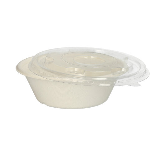 The PAPSTAR GmbH 25 bowls, sugarcane "pure" Ø 17 cm are biodegradable disposable bowls with a matching clear lid – perfect for sustainable use, presented against a simple white background.