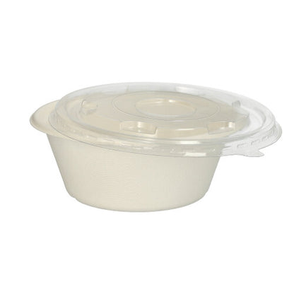 A round, white PAPSTAR 25 sugarcane bowls "pure" Ø 17 cm from PAPSTAR GmbH with a matching clear lid lies on a white background. The sustainable, biodegradable disposable bowl appears empty; the lid is firmly in place.