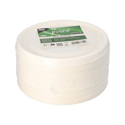 A stack of 25 white PAPSTAR "pure" lids for sugarcane bowls (Ø 17 cm), packaged in clear foil with branding - ideal for the convenient and eco-friendly gastronomy of PAPSTAR GmbH.