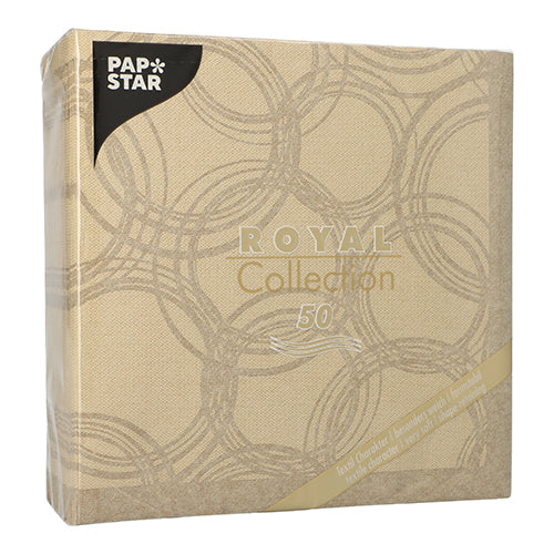 A beige pack of PAPSTAR GmbH 50 napkins "ROYAL Collection" 1/4-fold 40 x 40 cm sand, with elegant golden circles and the number 50 - ideal high-quality napkins for special occasions.