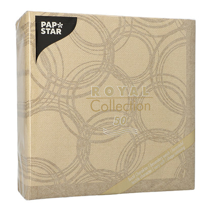 A beige pack of PAPSTAR GmbH 50 napkins "ROYAL Collection" 1/4-fold 40 x 40 cm sand, with elegant golden circles and the number 50 - ideal high-quality napkins for special occasions.