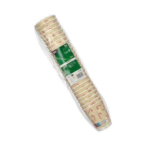 An den Seiten ist ein kunststoffumhüllter 25er-Pack doppelwandiger Einweg-Pappbecher (0,2 L, 8 cm Ø, 9,3 cm) der PAPSTAR GmbH mit festlichem rot-weißem „Candy Canes“-Motiv und grünem Etikett zu sehen.
