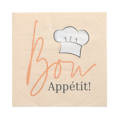 PAPSTAR GmbH 3-ply beige napkins (33x33 cm) with “Guten Appetit!” in orange/black and a chef's hat illustration, 1/4-fold, high-quality, 30 pieces.