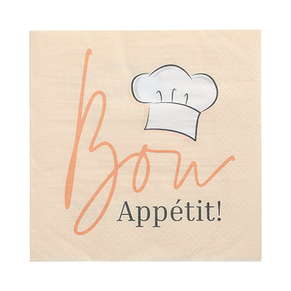 PAPSTAR GmbH 3-ply beige napkins (33x33 cm) with “Guten Appetit!” in orange/black and a chef's hat illustration, 1/4-fold, high-quality, 30 pieces.