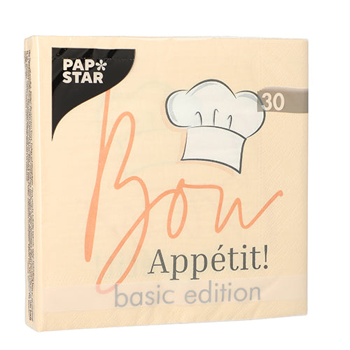 A beige pack of 30 napkins, 3-ply, 1/4-fold (33x33 cm), “Guten Appetit! Basic Edition” from PAPSTAR GmbH is adorned with a chef's hat illustration and fits perfectly on any set table.
