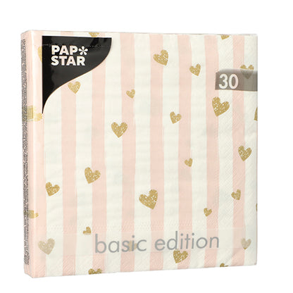 A pack of 30 PAPSTAR napkins, 3-ply, 1/4-fold, 33 x 33 cm, from PAPSTAR GmbH. With vertical pink stripes, golden glitter hearts, and the inscription "Basic Edition". The quantity (30) is displayed at the top right.