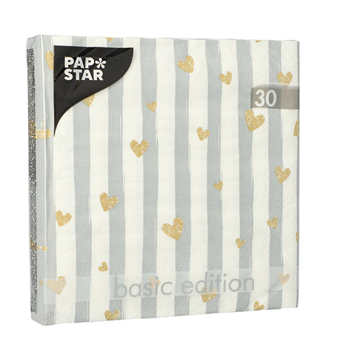 A pack of 30 PAPSTAR napkins, 3-ply, 1/4-fold, each 33 x 33 cm from PAPSTAR GmbH; gray-white striped napkins with a golden heart motif, perfect for special occasions.