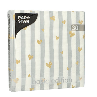A pack of 30 PAPSTAR napkins, 3-ply, 1/4-fold, each 33 x 33 cm from PAPSTAR GmbH; gray-white striped napkins with a golden heart motif, perfect for special occasions.