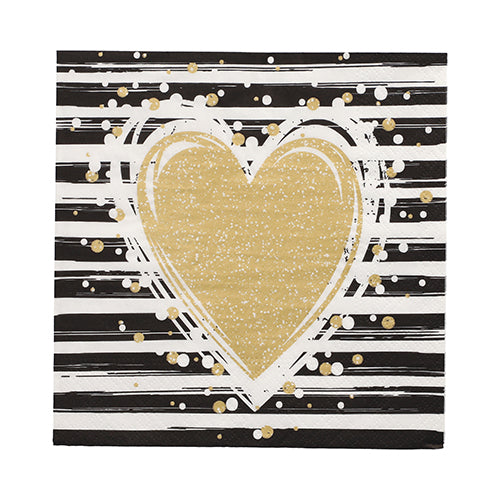 The PAPSTAR 30 napkins (3-ply, 1/4-fold, 33x33 cm) from PAPSTAR GmbH feature a gold-colored heart with white and gold speckles on a black-and-white striped background – ideal for stylish occasions.
