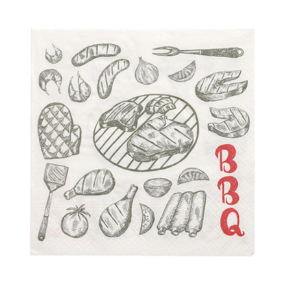 The 3-ply napkins (30-pack, 33 x 33 cm, 1/4-fold) from PAPSTAR GmbH feature hand-drawn grill meat, vegetables, and barbecue utensils along with a red "BBQ" in the corner, giving these napkins a unique and charming appearance.