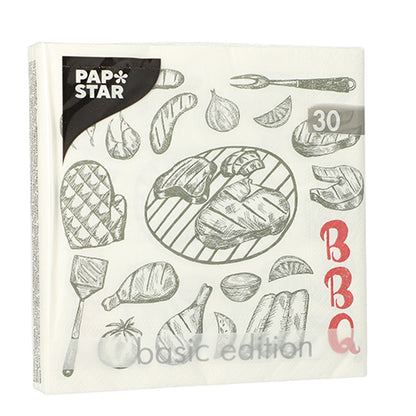 PAPSTAR GmbH 30 napkins, 3-ply, 1/4-fold (33x33 cm) with BBQ motif and "BBQ" in red – ideal for grilling.