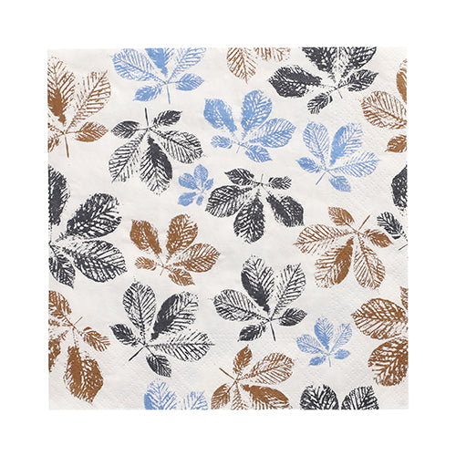 The 30 napkins (3-ply, 1/4-fold, 33 x 33 cm) from PAPSTAR GmbH feature a white background with black, brown, and light blue leaf prints in various orientations for an elegant touch.