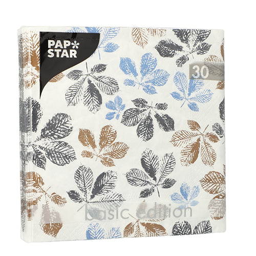 PAPSTAR GmbH 30 napkins, 3-ply, 1/4-fold (33x33 cm) with leaf print in brown, black, and blue on white; transparently packaged with “Basic Edition” label.