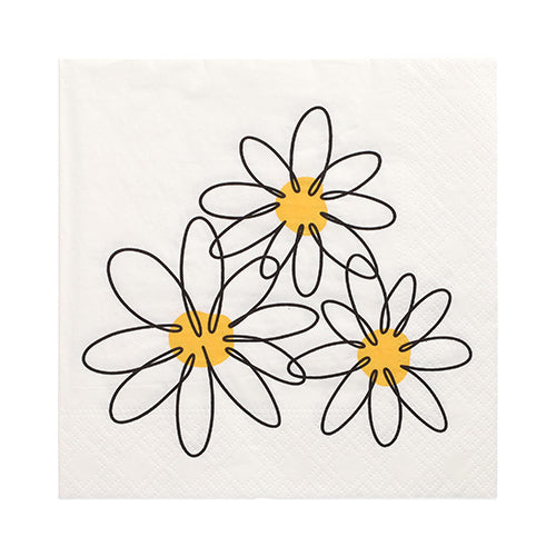 The 30 PAPSTAR napkins, 3-ply 1/4-fold 33 cm x 33 cm, from PAPSTAR GmbH, stand out with their white design featuring three large daisy-like blossoms, black outlines, and yellow centers. The three-layer construction ensures particularly soft and durable napkins.