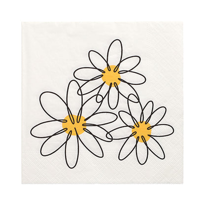 The 30 PAPSTAR napkins, 3-ply 1/4-fold 33 cm x 33 cm, from PAPSTAR GmbH, stand out with their white design featuring three large daisy-like blossoms, black outlines, and yellow centers. The three-layer construction ensures particularly soft and durable napkins.