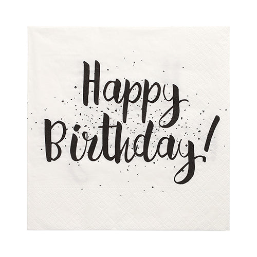 PAPSTAR GmbH 30 napkins, 3-ply, 1/4-fold (33x33 cm), white with black "Happy Birthday!" lettering and dots. High-quality PAPSTAR napkins – ideal for festive occasions and birthday parties.
